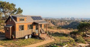 off-grid solar Tiny Home On Wheels San Diego County perched on a hillside overlooking the downtown skyline and Pacific Ocean. Features deck, garden, hammock, and bike. Perfect view living.