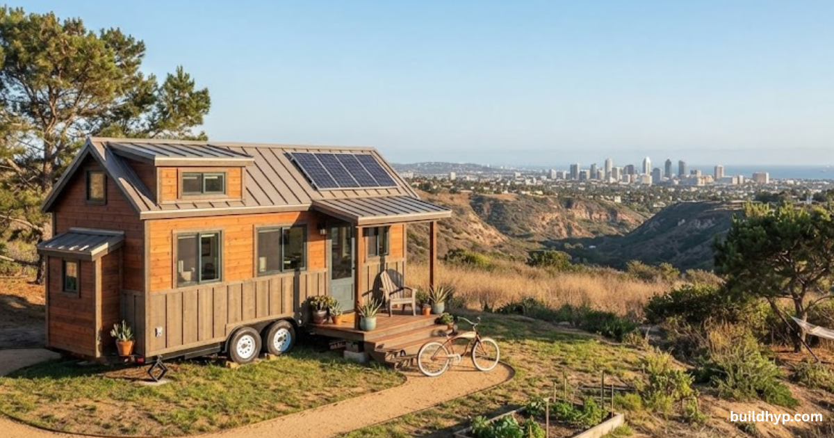 off-grid solar Tiny Home On Wheels San Diego County perched on a hillside overlooking the downtown skyline and Pacific Ocean. Features deck, garden, hammock, and bike. Perfect view living.