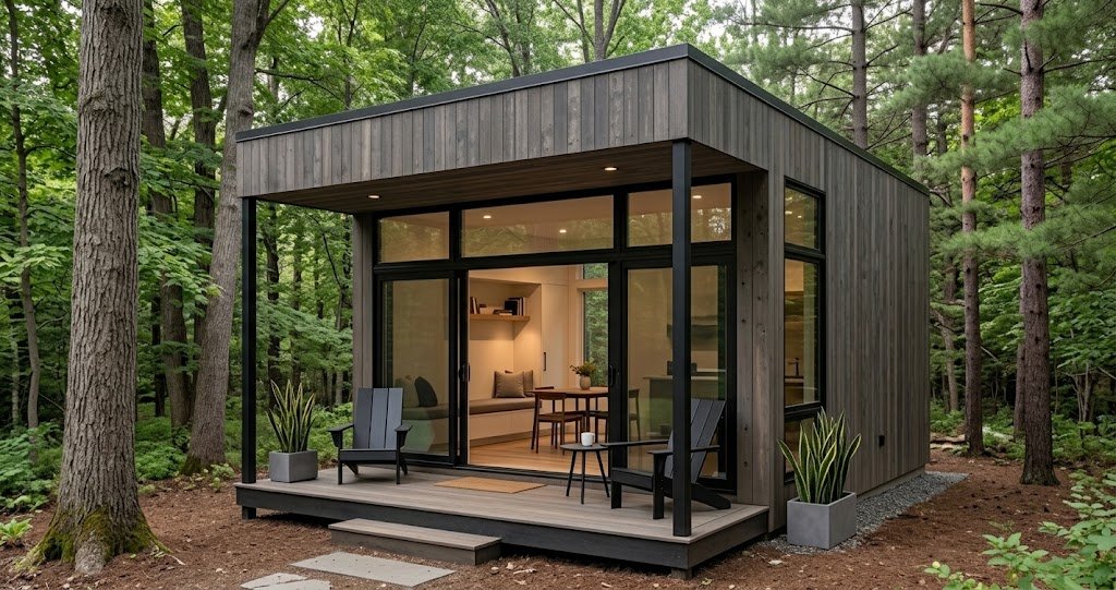 Minimalist dark wood tiny cabin weekend retreat with a simple covered entrance porch and modern square architecture in a dense forest.