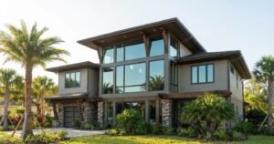 Mountain House Plans With Lots of Windows in Orlando, featuring large glass walls, stone accents, and deep timber roof overhangs designed for tropical climates.