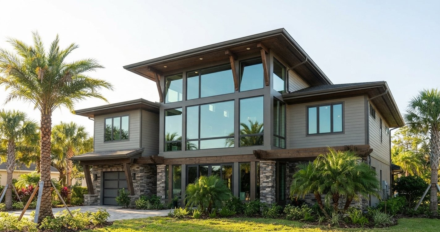 Mountain House Plans With Lots of Windows in Orlando, featuring large glass walls, stone accents, and deep timber roof overhangs designed for tropical climates.