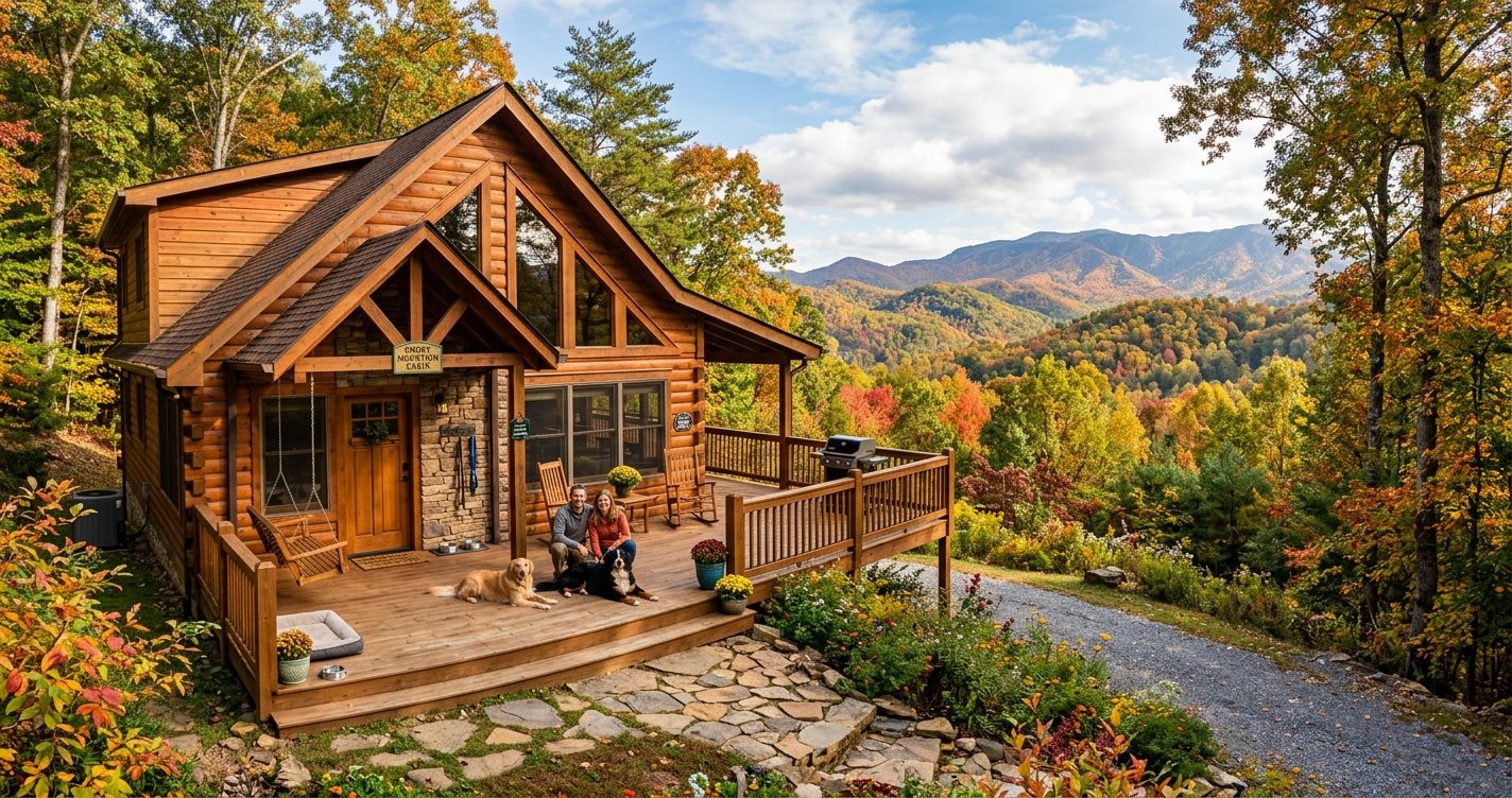 A cozy, rustic wood cabin nestled in the autumnal Smoky Mountains with a Golden Retriever lounging on a spacious porch deck overlooking a vast, forested valley under a partly cloudy sky.