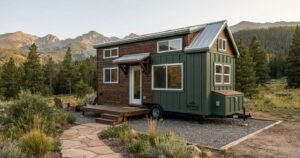 Explore Summit Tiny Homes set against a majestic mountain backdrop, featuring a modern green and wood exterior, a small front deck, and a scenic nature pathway.