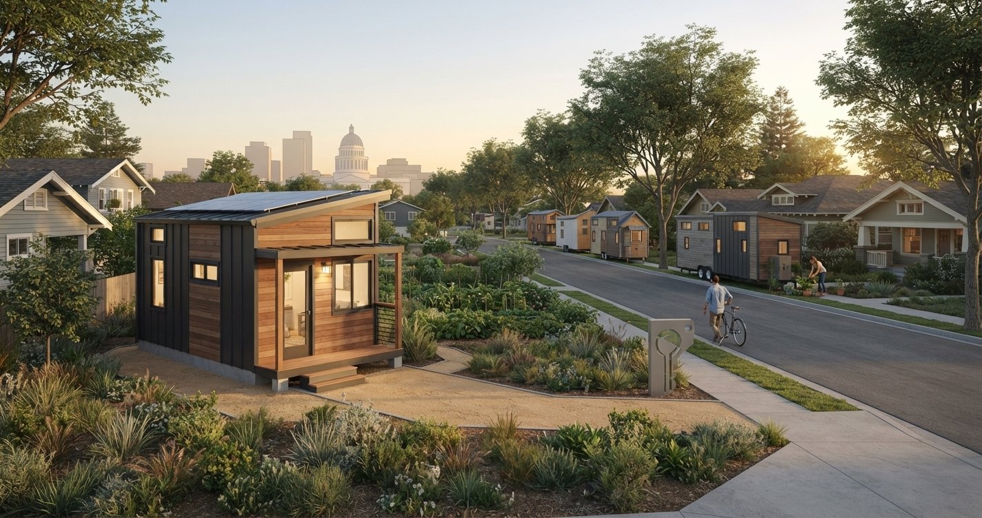 A modern wooden tiny home sits in a landscaped California yard with a neighborhood street, lush greenery, and distant city skyline views.