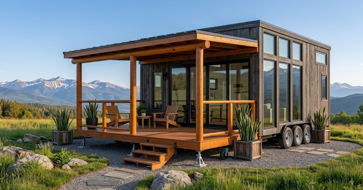 Mobile tiny home on wheels featuring a collapsible covered timber porch deck parked against a mountain landscape.