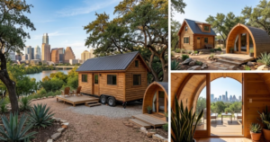 A rustic log cabin-style Rocky Mountain tiny house built on a trailer frame with a wooden deck, set against a desert landscape featuring agave plants and the Austin skyline in the background.