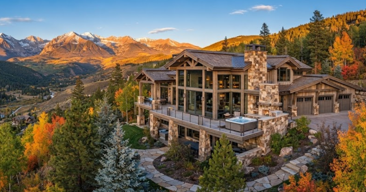 Luxury Colorado mountain house with stone and timber, featuring a hot tub deck and fire pit, overlooking a vast autumn valley and towering snow-capped peaks.