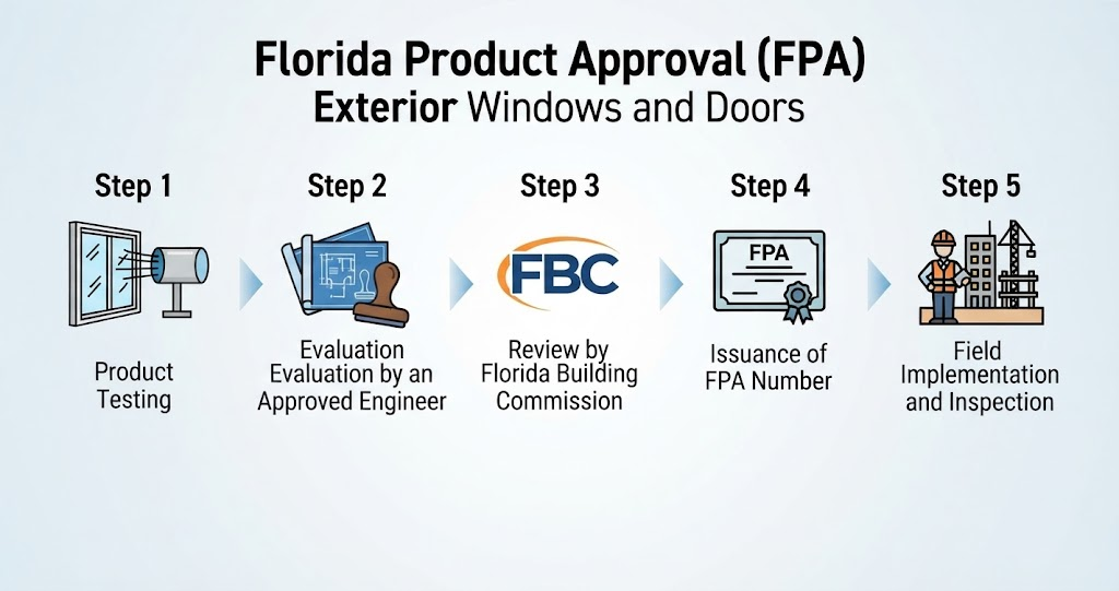 Informational diagram illustrating the five-step Florida Product Approval process for exterior windows and doors required when constructing a custom mountain house plan with lots of windows.