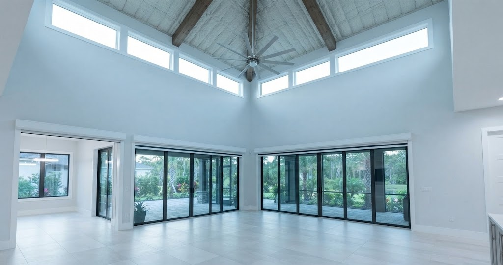 Interior view highlighting a vaulted great room with clerestory glass and high timber beams in a custom mountain house plan with lots of windows adapted for Florida living.