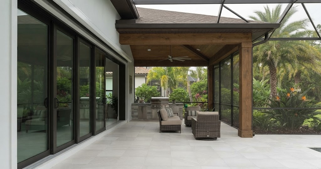 Open-air covered lanai and summer kitchen transitioning from large sliding glass doors, showcasing a screened outdoor living space ideal for a mountain house plan with lots of windows.