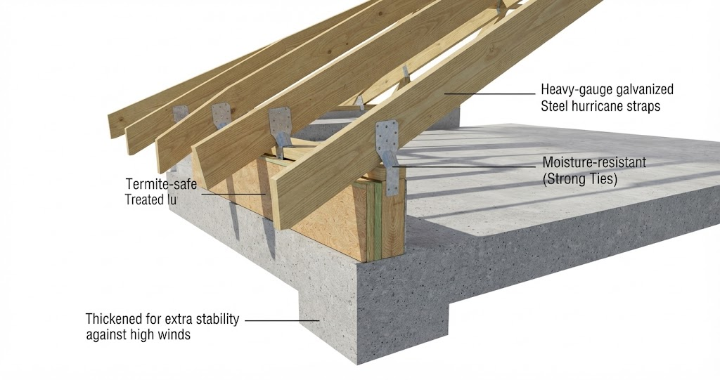 Detailed architectural graphic demonstrating roof trusses anchored to a foundation with heavy-gauge steel hurricane straps for a mountain house plan with lots of windows built in Orlando.