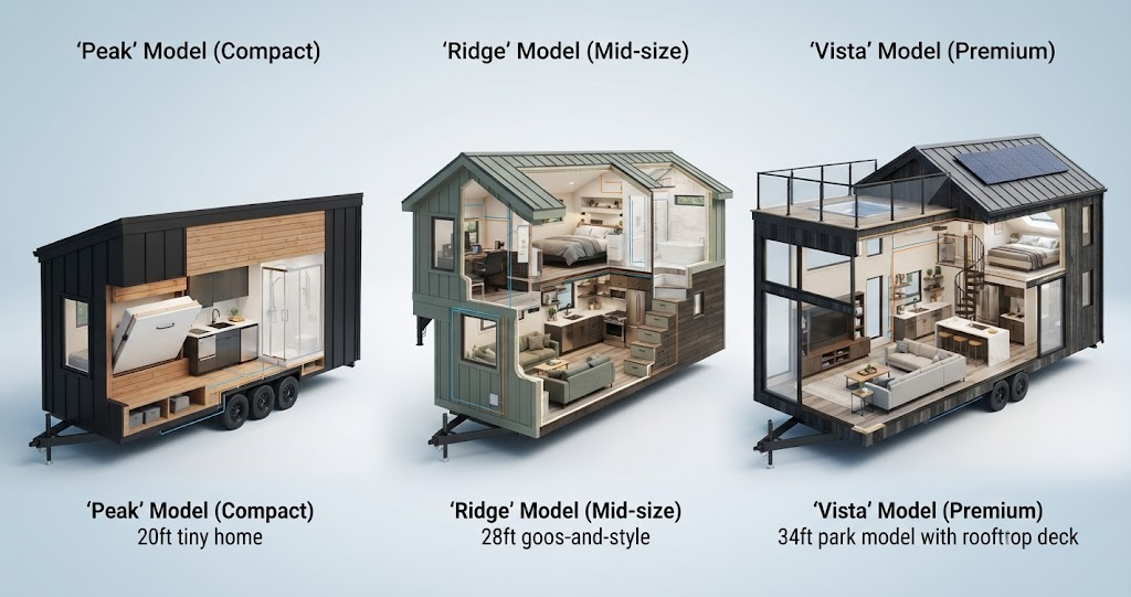 Explore three diverse Summit Tiny Homes cross-sections: the compact 20ft Peak, the mid-size 28ft Ridge gooseneck, and the premium 34ft Vista with rooftop deck. 