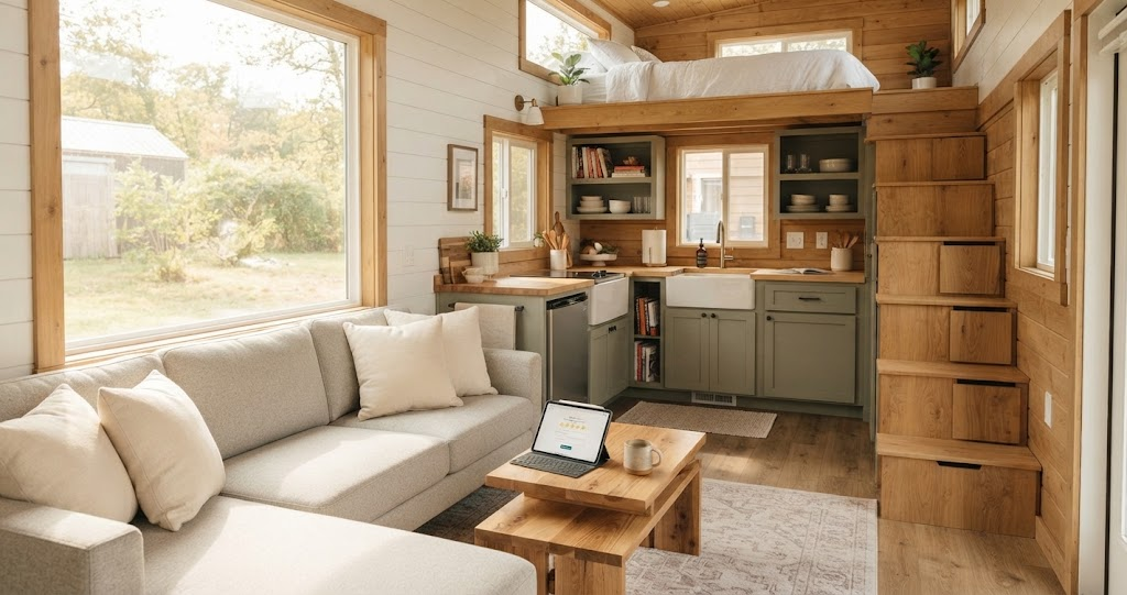 Explore this functional Summit Tiny Homes interior, featuring a cozy grey sectional, wooden staircase storage, a modern kitchen with sage green cabinets, and a sleeping loft. 