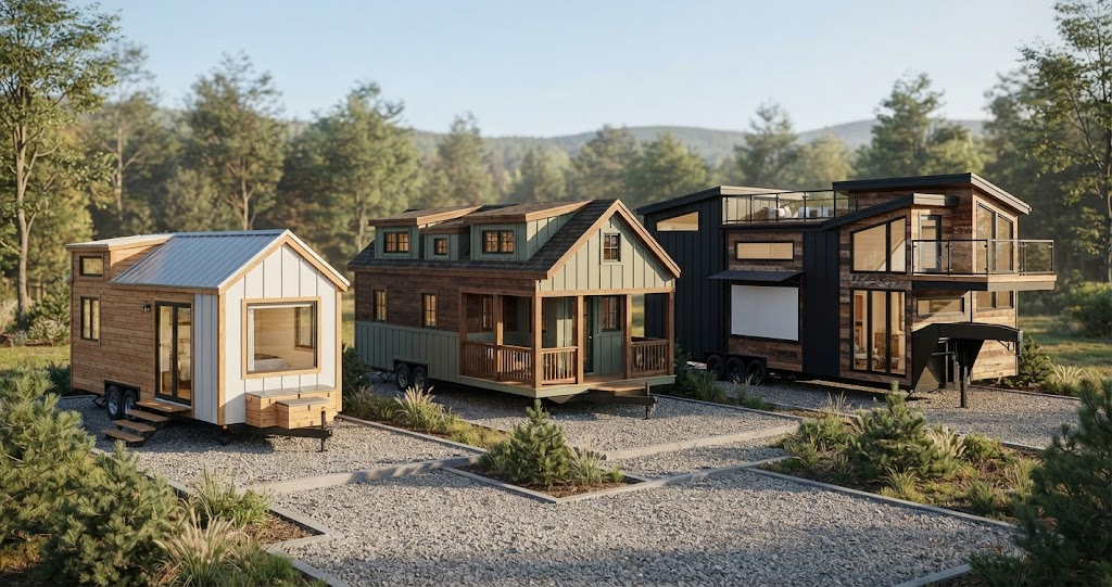 Explore these three custom Summit Tiny Homes models, showcasing a blend of rustic and modern designs, parked on a gravel site with a forest backdrop.