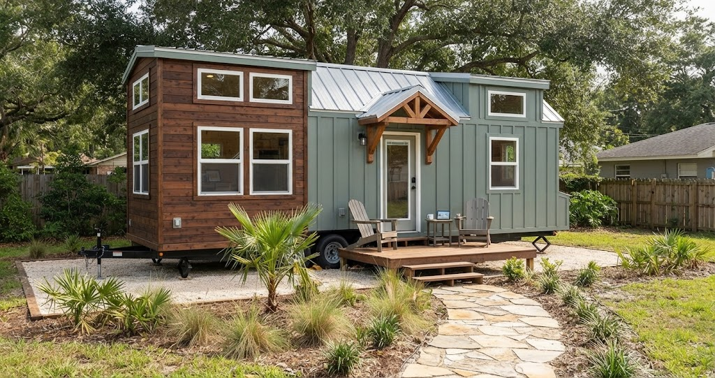 Discover this charming Summit Tiny Homes exterior in Jacksonville, featuring green and wood siding, a small front deck, and a stone walkway surrounded by tropical landscaping. 