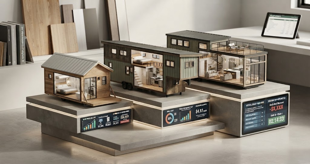 Explore these three detailed Summit Tiny Homes cross-section models on tiered concrete plinths with integrated interactive digital pricing and metrics displays. 