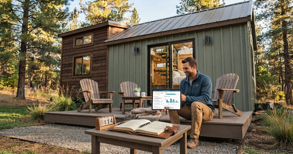 Discover the efficient design of this Summit Tiny Homes loft, featuring a cozy charcoal sofa with patterned pillows, a white armchair, and a convenient study nook.