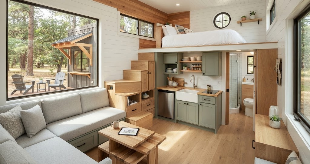 Explore efficient tiny home features in this bright interior, showcasing a cozy loft bedroom, clever storage stairs, sage-green kitchen cabinetry, and a comfortable living area. 

