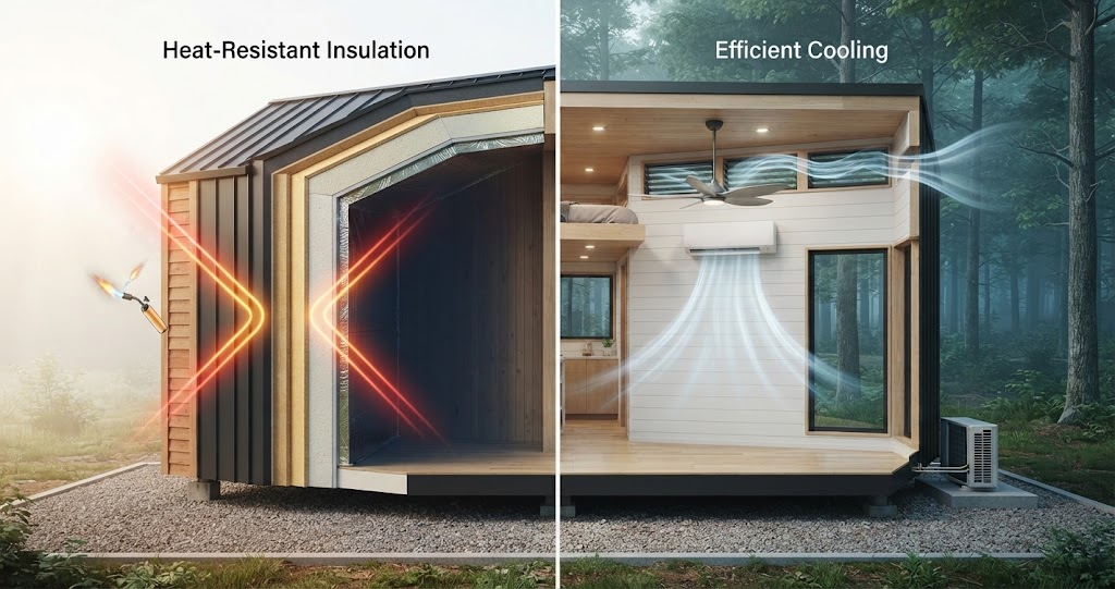 A split-view illustration showcasing advanced tiny home features: left, heat-resistant wall insulation layers deflecting a blowtorch; right, an interior with a ceiling fan and AC unit providing efficient cooling. 