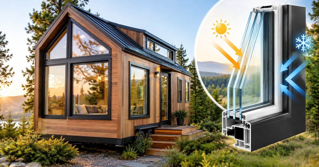 The modern tiny home showcases large Low-E energy-efficient windows, warm wood siding, triple-pane glazing, and comfortable interiors, highlighting practical Tiny Home Features for sustainable living year-round. 