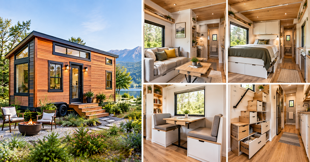 Modern Tiny Home Features include a cozy living area, convertible bedroom, fold-down dining space, built-in storage, compact kitchen, and smart space-saving furniture for comfortable living. 