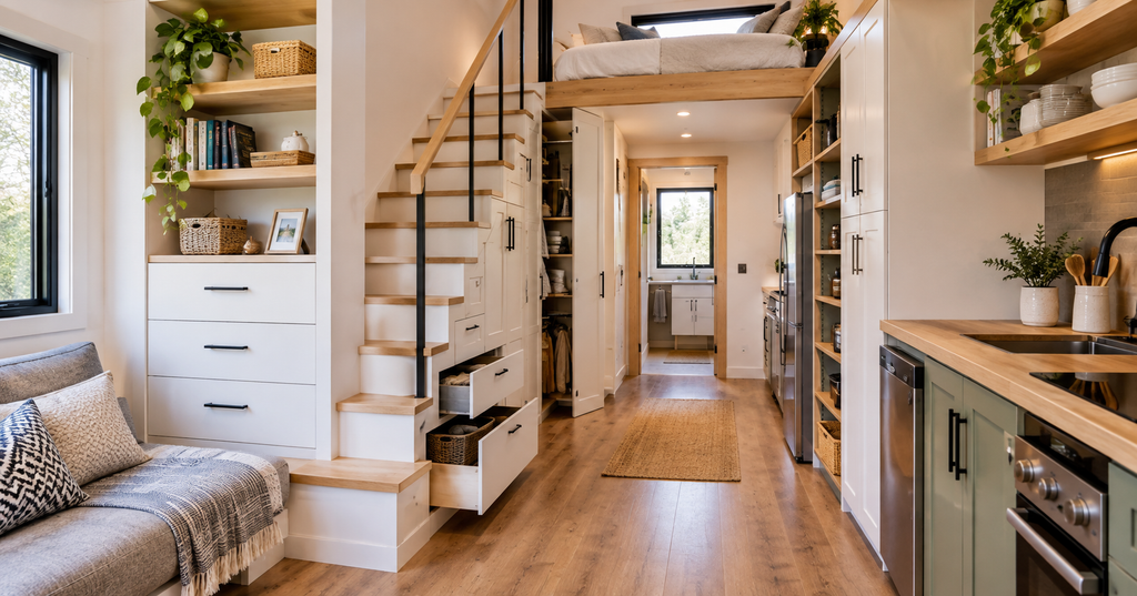 A tiny home interior features built-in storage beneath stairs, open shelves, a loft bed, and a compact kitchen, showcasing smart space-saving Tiny Home Features for living. 