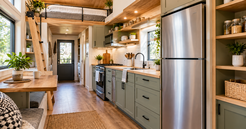 A compact kitchen showcases Tiny Home Features including sage-green cabinets, wood countertops, stainless-steel appliances, open shelving, and a loft bed, maximizing storage and natural light. 