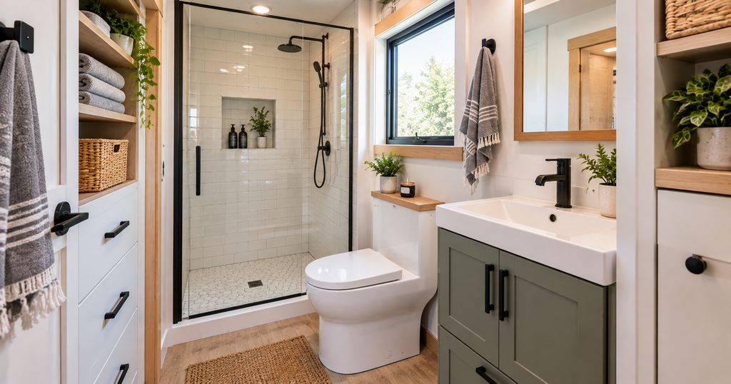 The compact bathroom showcases Tiny Home Features including a glass shower, wall storage, space-saving vanity, toilet, open shelving, natural light, and efficient fixtures. 