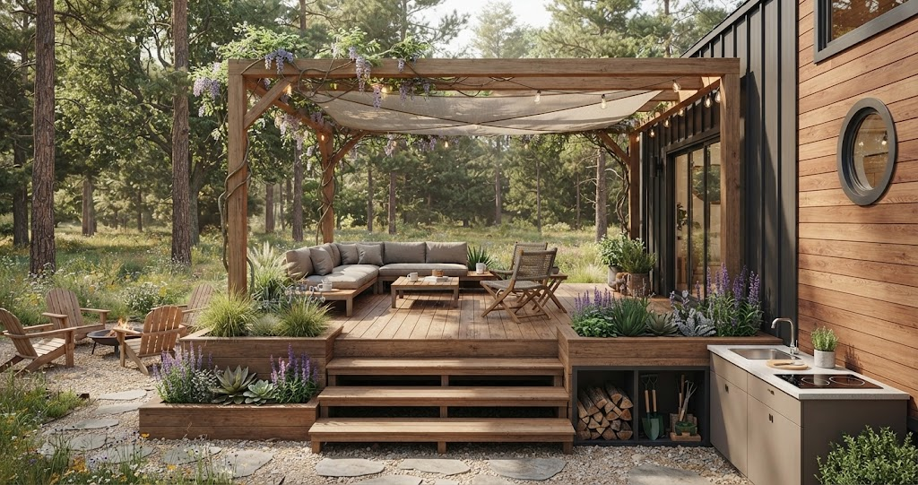 Explore efficient tiny home features on this stunning deck: a wisteria-covered pergola, an L-shaped sofa, a modern outdoor kitchenette, and a cozy fire pit area. 
