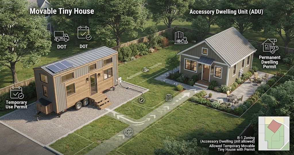 An overhead view comparing a Movable Tiny House on a trailer (with solar panels and DOT icons) and a permanent ADU. The layout highlights unique tiny home features for both. 