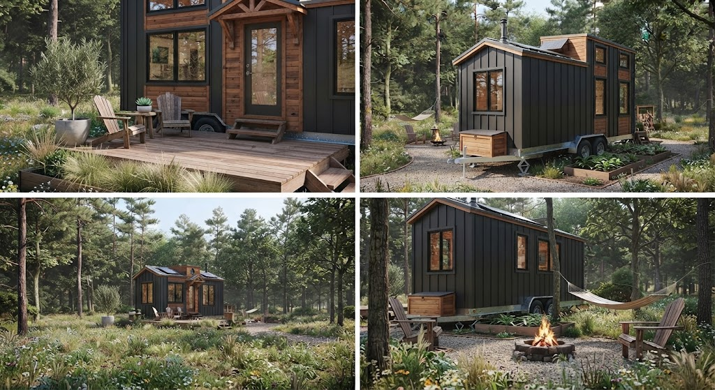 A four-panel collage showcasing tiny home features: top-left shows a deck with chairs, bottom-left a wide meadow view, top-right the exterior with solar panels, and bottom-right a fire pit. 