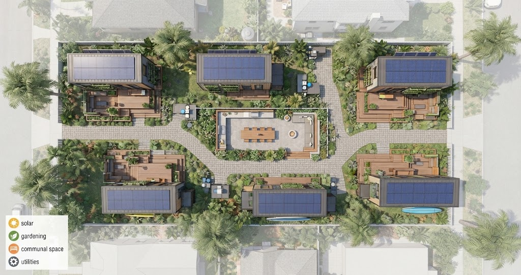 An overhead site plan of a sustainable tiny home community. Each unit features solar panels and private decks, centered around a communal garden and outdoor kitchen. 