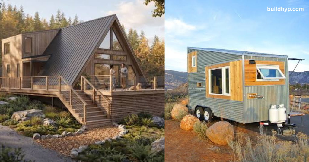A split image showing a wooden A-frame cabin with a large deck alongside a modern metal-clad Rocky Mountain tiny house on wheels parked in a rocky desert landscape.