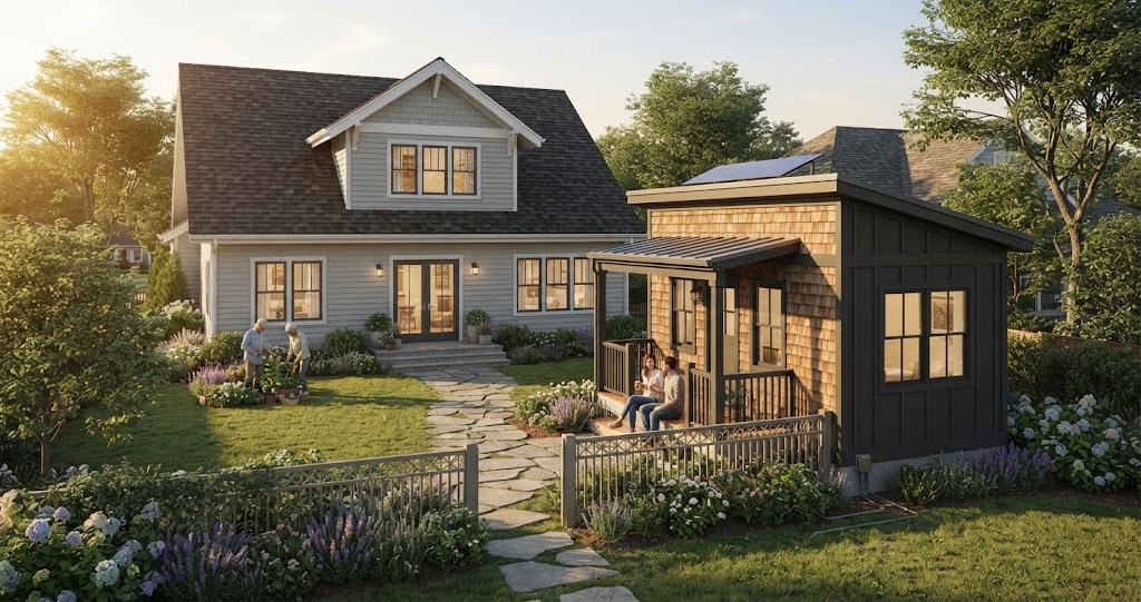 This backyard scene, featuring a large main house and a small accessory dwelling unit (ADU) where a couple sits, illustrates how you can legally live in a tiny home. 