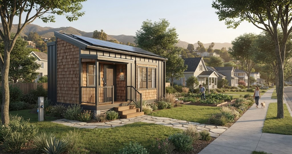 A modern tiny home, with cedar shakes and solar panels, sits in a landscaped front yard with a community garden, showing how you can legally live in a tiny home.