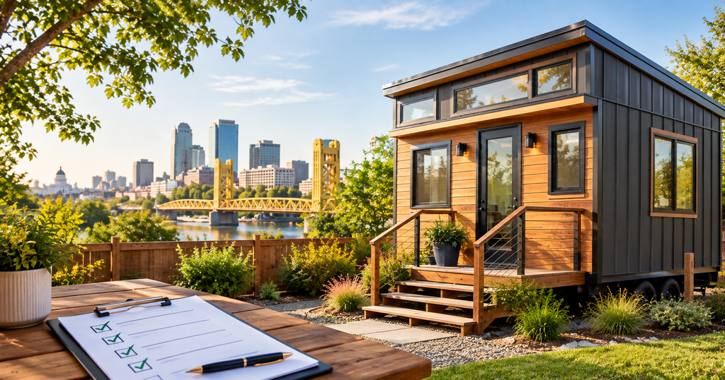 The modern tiny home stands in a landscaped Sacramento yard with city views and inspection checklist, highlighting Can You Legally Live in a Tiny Home requirements. 