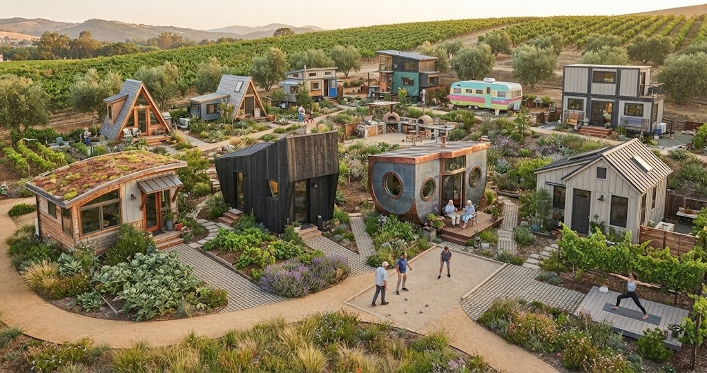 An elevated view of a thriving tiny home community set among vineyards, featuring diverse homes, communal gardens, and residents playing bocce, showing how you can legally live in a tiny home.