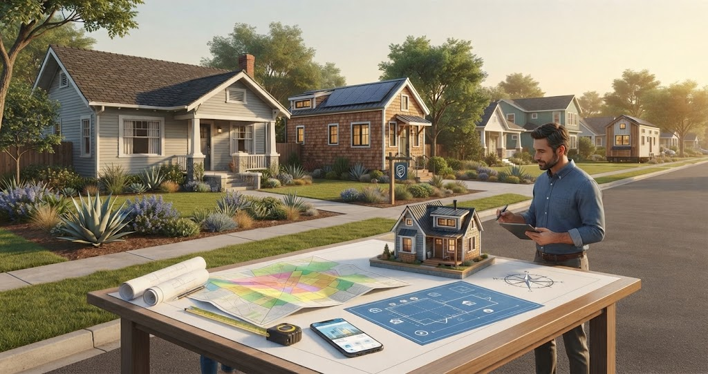 A man stands at a table with blueprints and a miniature house model, while in the background, a tiny home on a foundation sits in a landscaped front yard, showing how you can legally live in a tiny home. 
