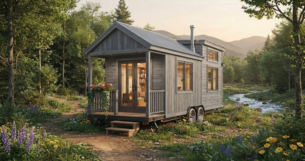 A rustic tiny home on wheels, with grey wood siding and a metal roof, sits in a wildflower meadow by a forest and stream, showing how one can legally live in a tiny home.