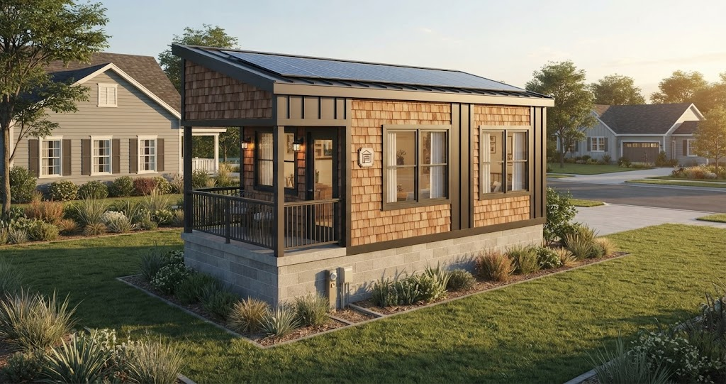 A modern tiny home, clad in cedar shakes and black metal, with a solar roof and front porch, sits on a permanent block foundation in a suburban neighborhood, showing how you can legally live in a tiny home. 
