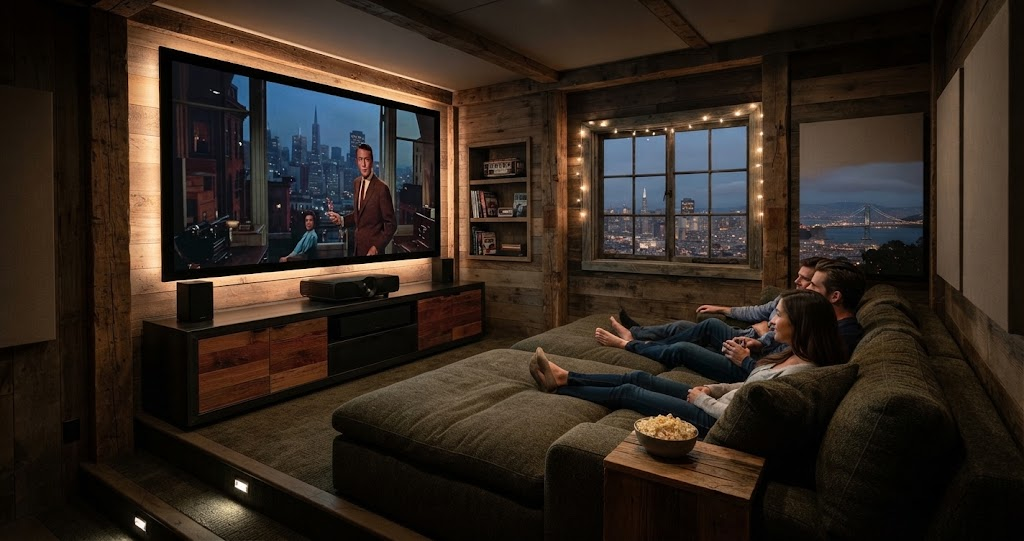 This cozy home theater in a small cabin features a large projector screen displaying a film, with tiered seating, rustic wood walls, and a window overlooking the San Francisco skyline at night. 