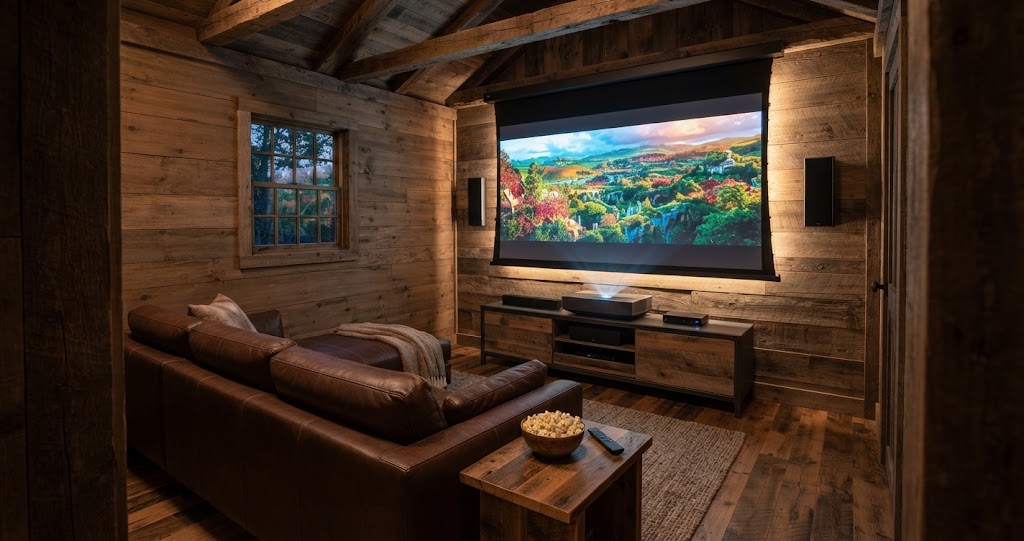 This cozy home theater in a small cabin features a large projector screen displaying a colorful landscape, a leather sofa, and rustic wood walls, perfect for cinematic experiences.