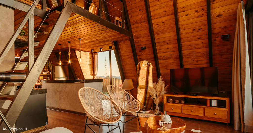 An open-concept A-frame mountain lodge living area with exposed wooden beams, a TV console, circular wicker chairs, and a loft overhead.