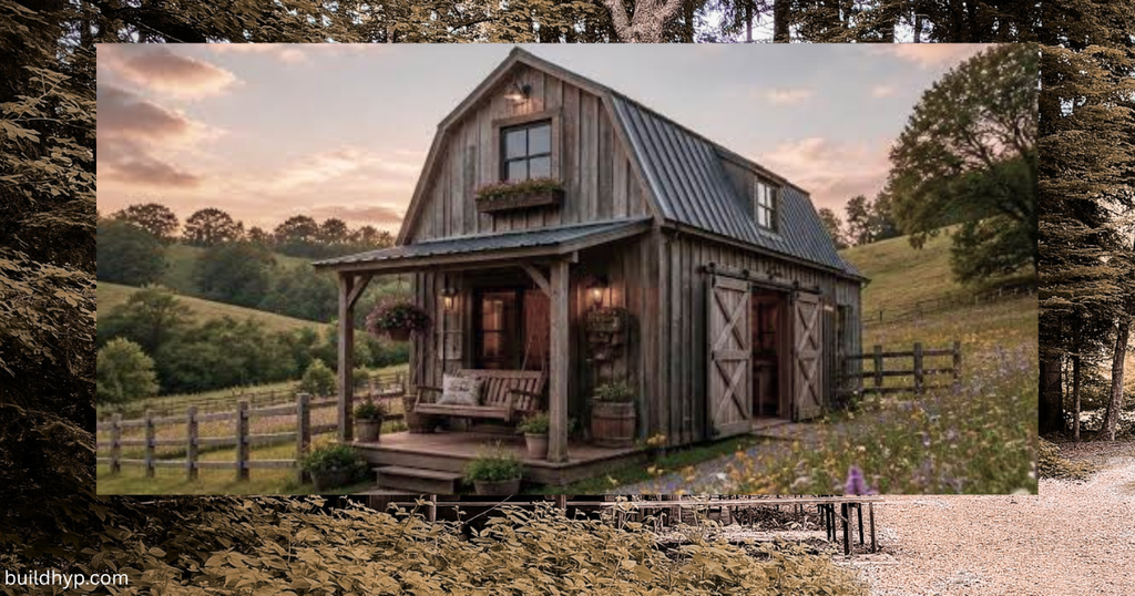 A cozy wooden barn-style cabin with a porch bench surrounded by trees and rolling hills, ideal for a compact mountain lodge house plan.