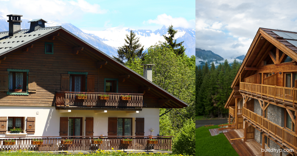 A split view of a large multi-story wooden mountain lodge with balconies set against snow-capped alpine peaks, demonstrating a modern mountain lodge house plan.