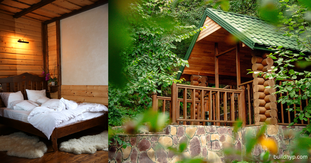 A split image showing a warm bedroom with log walls and a white unmade bed next to an outdoor wooden balcony area built into a stone foundation, reflecting classic rustic mountain lodge house plans.