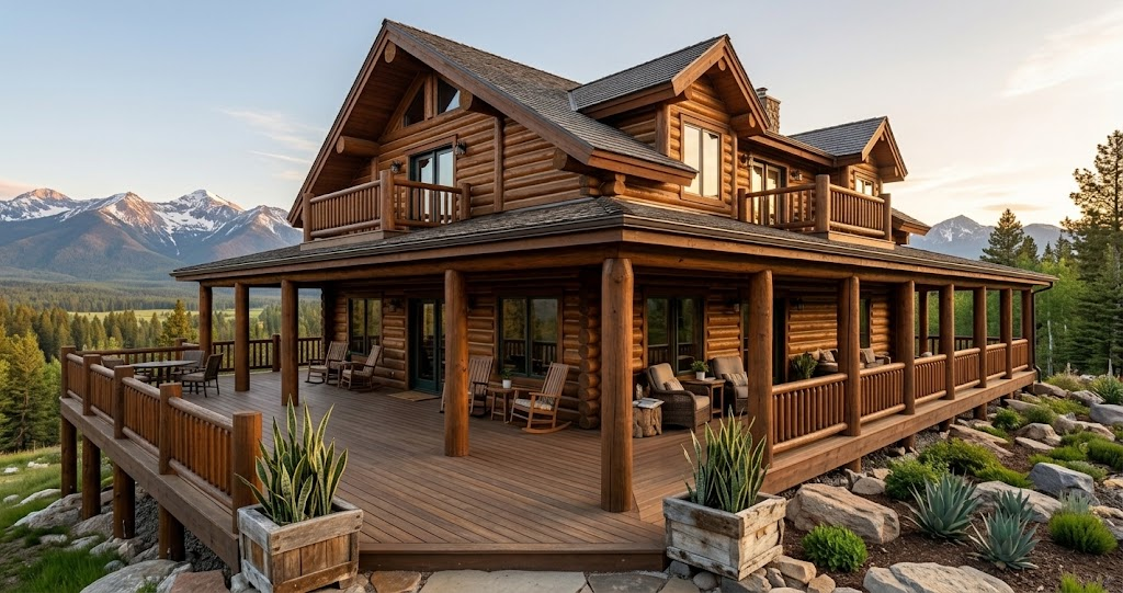 Spacious wooden mountain lodge displaying an expansive wraparound deck layout for tiny homes with porch designs overlooking a valley.