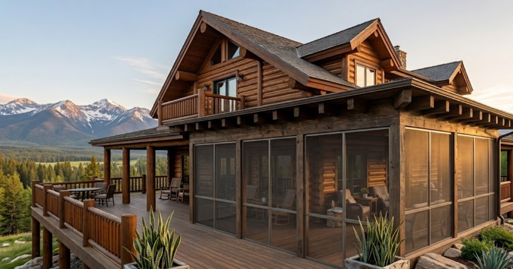 Enclosed screened porch attached to a timber cabin, showing protected outdoor living spaces for tiny homes with porch additions.
