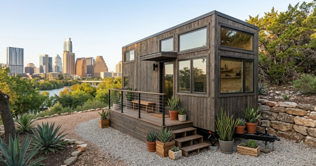 Modern dark wood tiny home on a narrow lot featuring a small side deck entrance, perfect for space-saving tiny homes with porch plans.