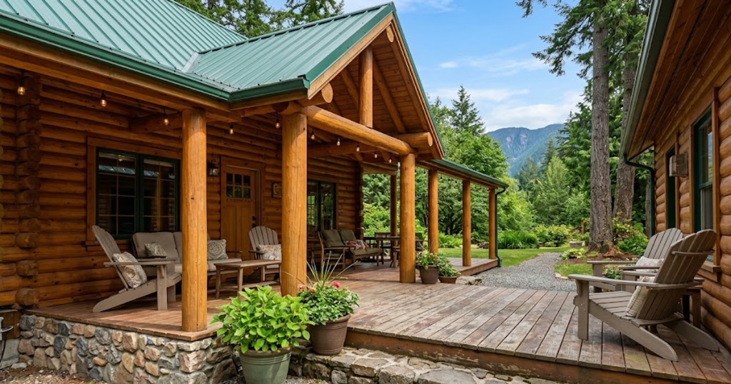 Rustic log cabin front porch with wooden chairs and potted plants, illustrating practical covered tiny homes with porch ideas.